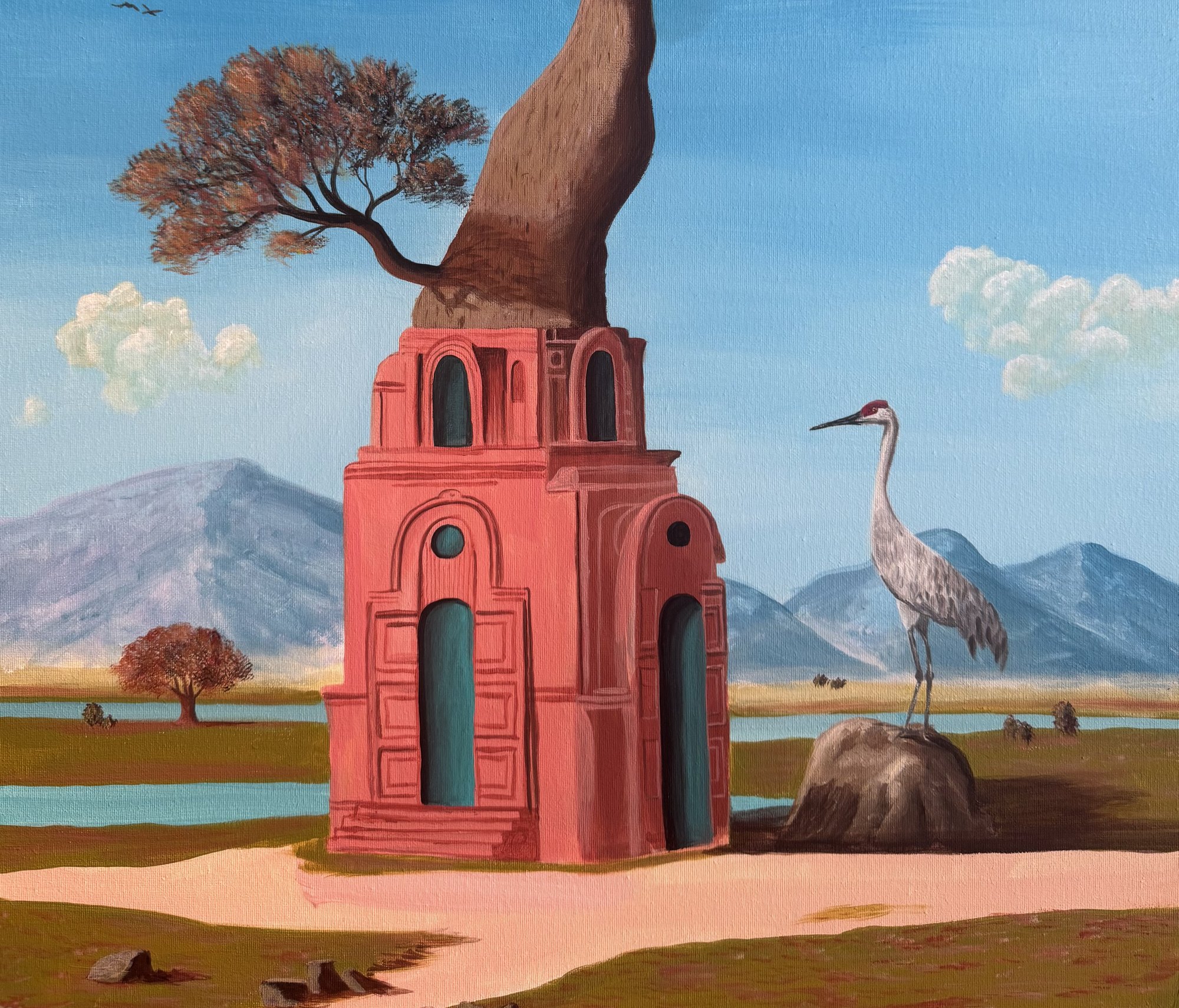 A giant mushroom sheltering a small pink temple, a crane on a rock, and mountains beyond
