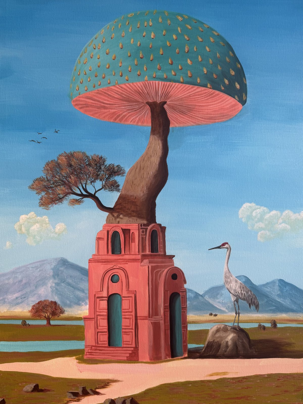 A giant mushroom cap sheltering a small pink temple building, a crane on a rock, mountains behind