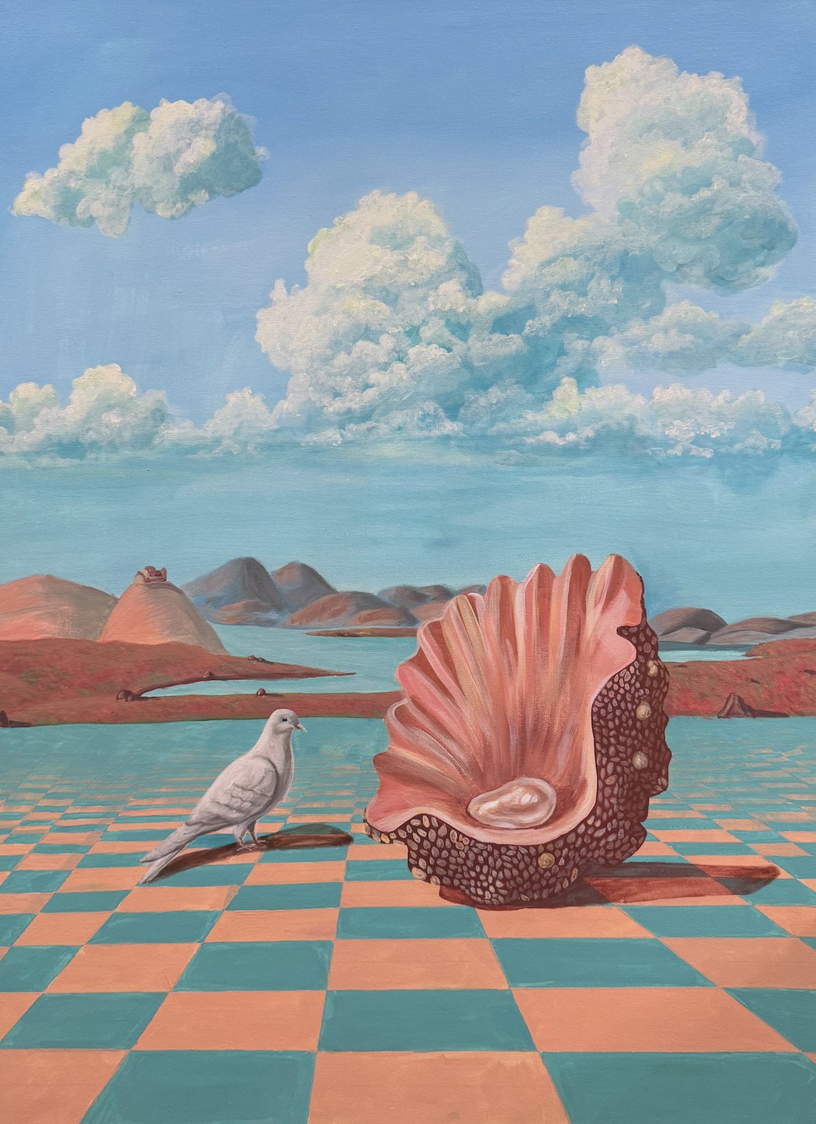 A coral shell cradling a pearl, a white dove nearby, on a teal-and-orange checkerboard beneath tall clouds